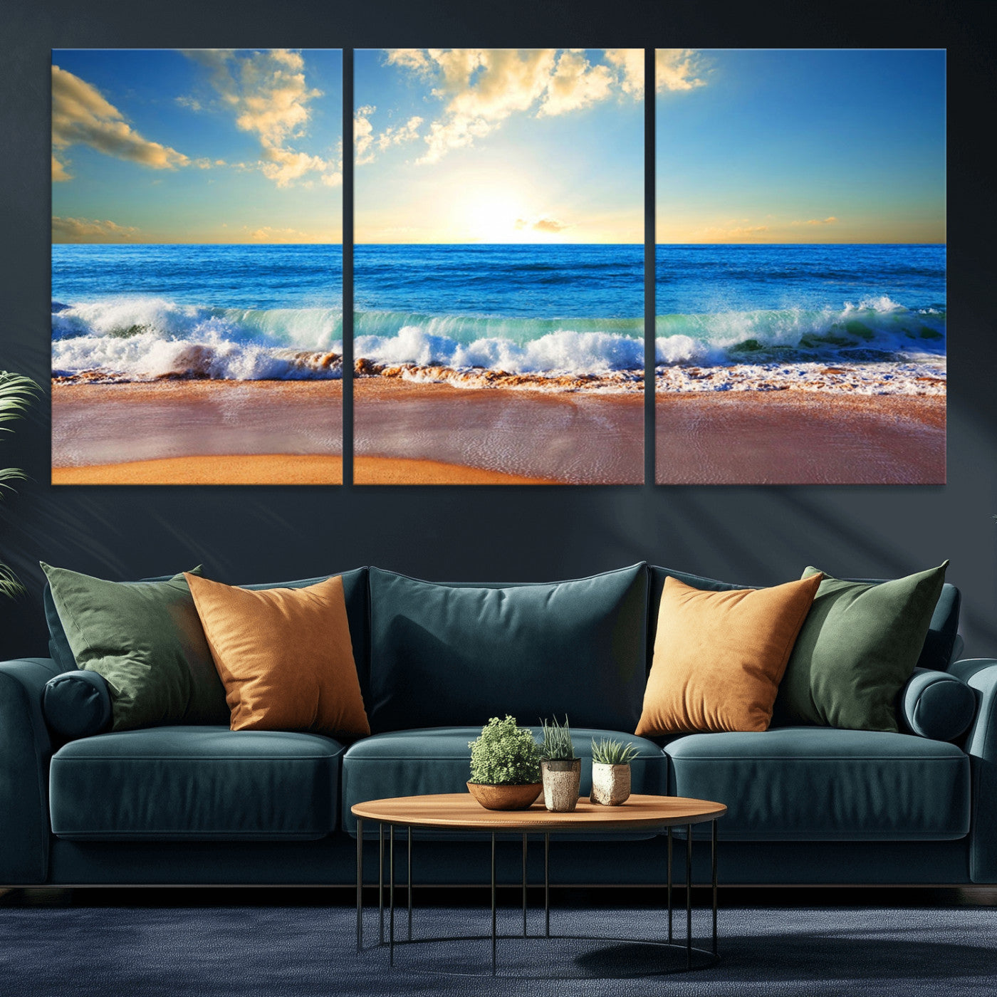 MGV-CV-60X30-3P - Tropical Beach Sunset Canvas Art, Ocean Waves and Sandy Shoreline Wall Art, Large Beach Decor for Coastal Homes