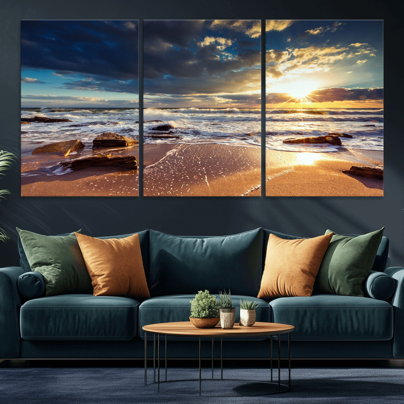 MGV-CV-60X30-3P - Golden Hour Beach Sunset Canvas Triptych, Ocean Waves and Rocks Wall Art for Coastal Home Decor