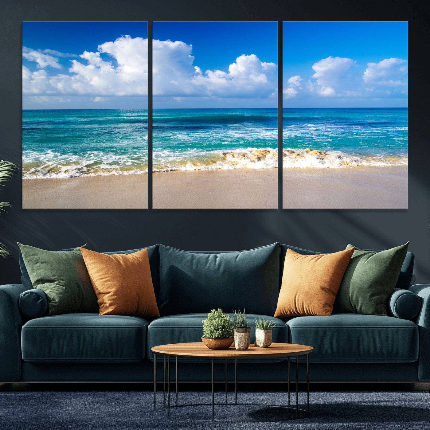 MGV-CV-60X30-3P - Tropical Beach 3-Panel Canvas Wall Art – Serene Ocean Waves and Blue Sky – Giclée Print for Living Room, Office, or Bedroom Coastal Decor