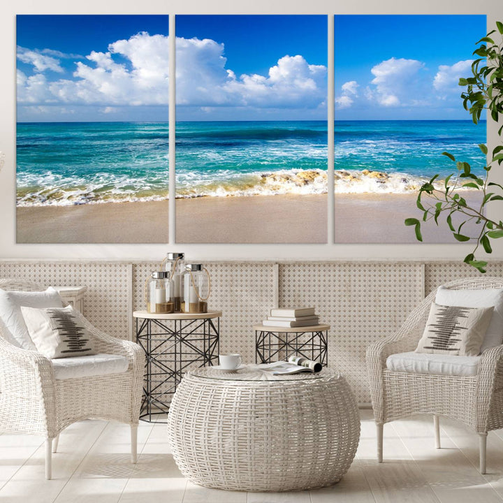 Tropical Beach 3-Panel Canvas Wall Art – Serene Ocean Waves and Blue Sky – Giclée Print for Living Room, Office, or Bedroom Coastal Decor