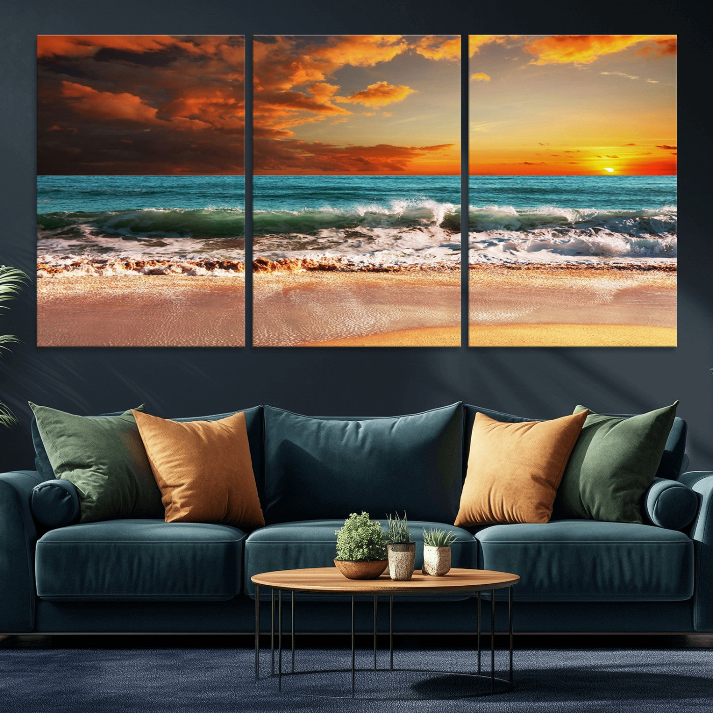 MGV-CV-60X30-3P - Golden Sunset Beach Canvas Wall Art – Triptych Seascape Print – Framed and Ready to Hang for Living Room or Office