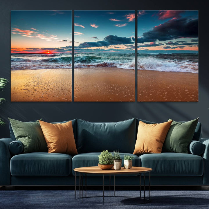 Sunset on Beach Wall Art: Waves under a vibrant sky. Crafted on museum-quality canvas, ready to hang and admire.