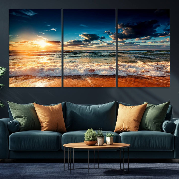 Golden Hour Sunset Over Ocean Waves Canvas: 3-Panel Coastal Landscape Art with Stunning Beach Photography Print.