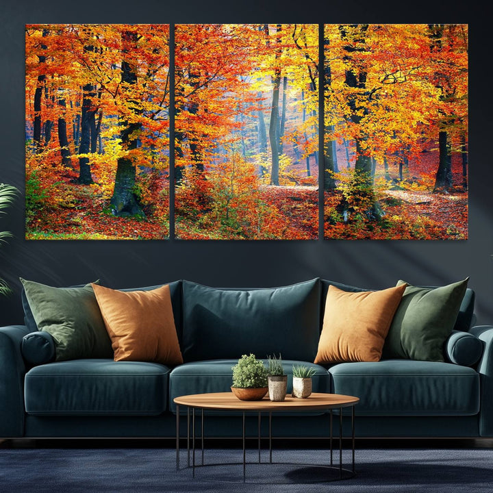 The room features an Autumn Red Forest Triptych Canvas Wall Art.