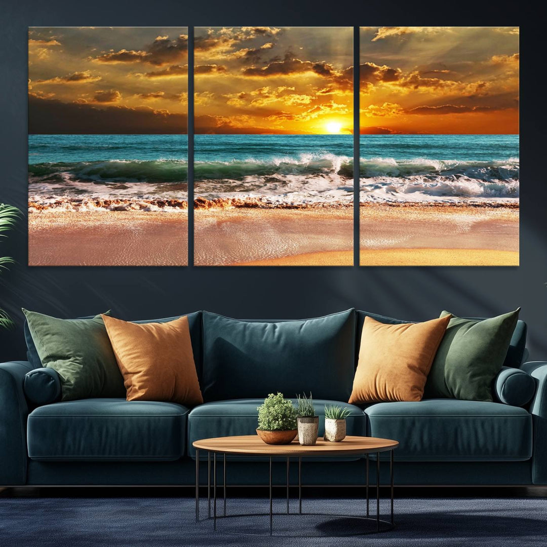 Golden Sunset Beach Canvas Triptych adorns the cozy room, creating a stunning focal point.