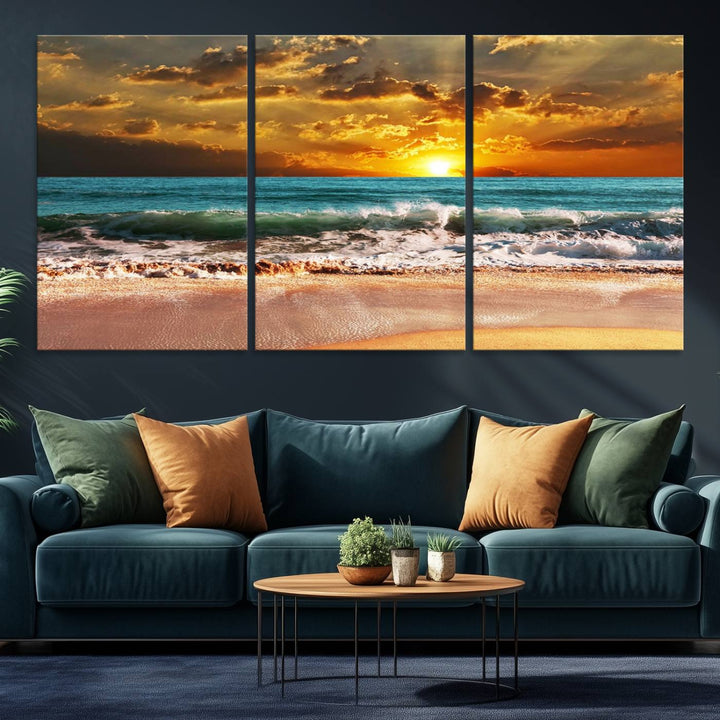 Golden Sunset Beach Canvas Triptych adorns the cozy room, creating a stunning focal point.