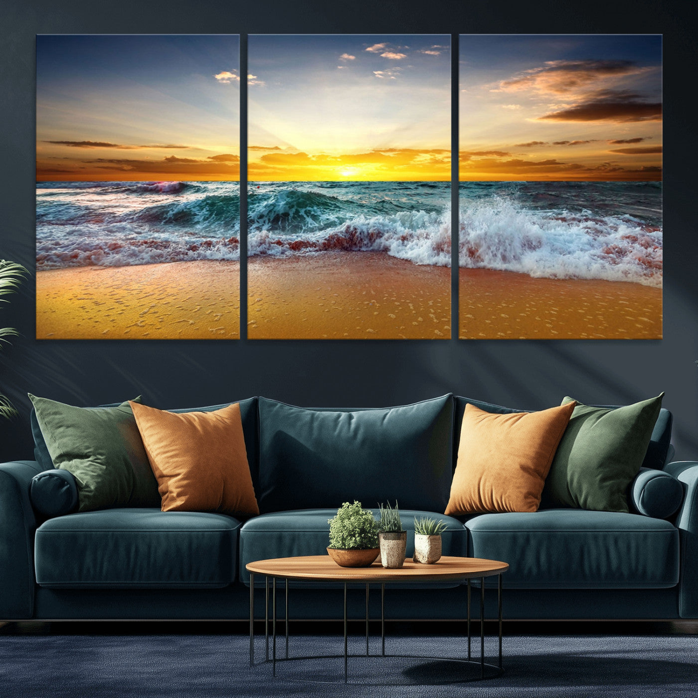 MGV-CV-60X30-3P - Golden Sunset Ocean Waves Wall Art Canvas Print – Multi Panel Beach Canvas Print Set – Large Coastal Triptych Print for Home or Farmhouse Decor