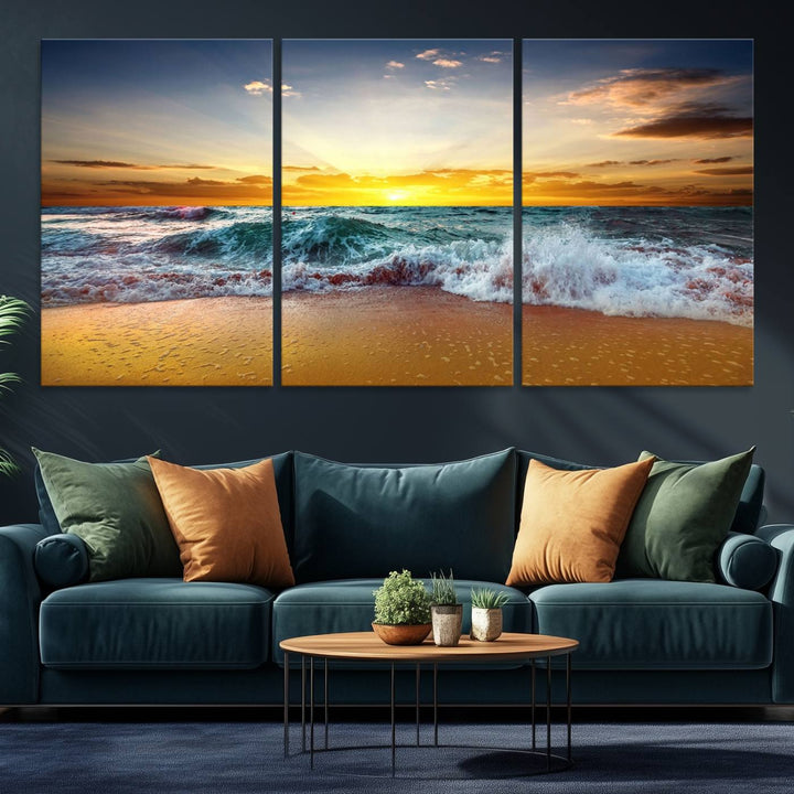 The kitchen features the Golden Sunset Ocean Waves multi-panel coastal wall art canvas.