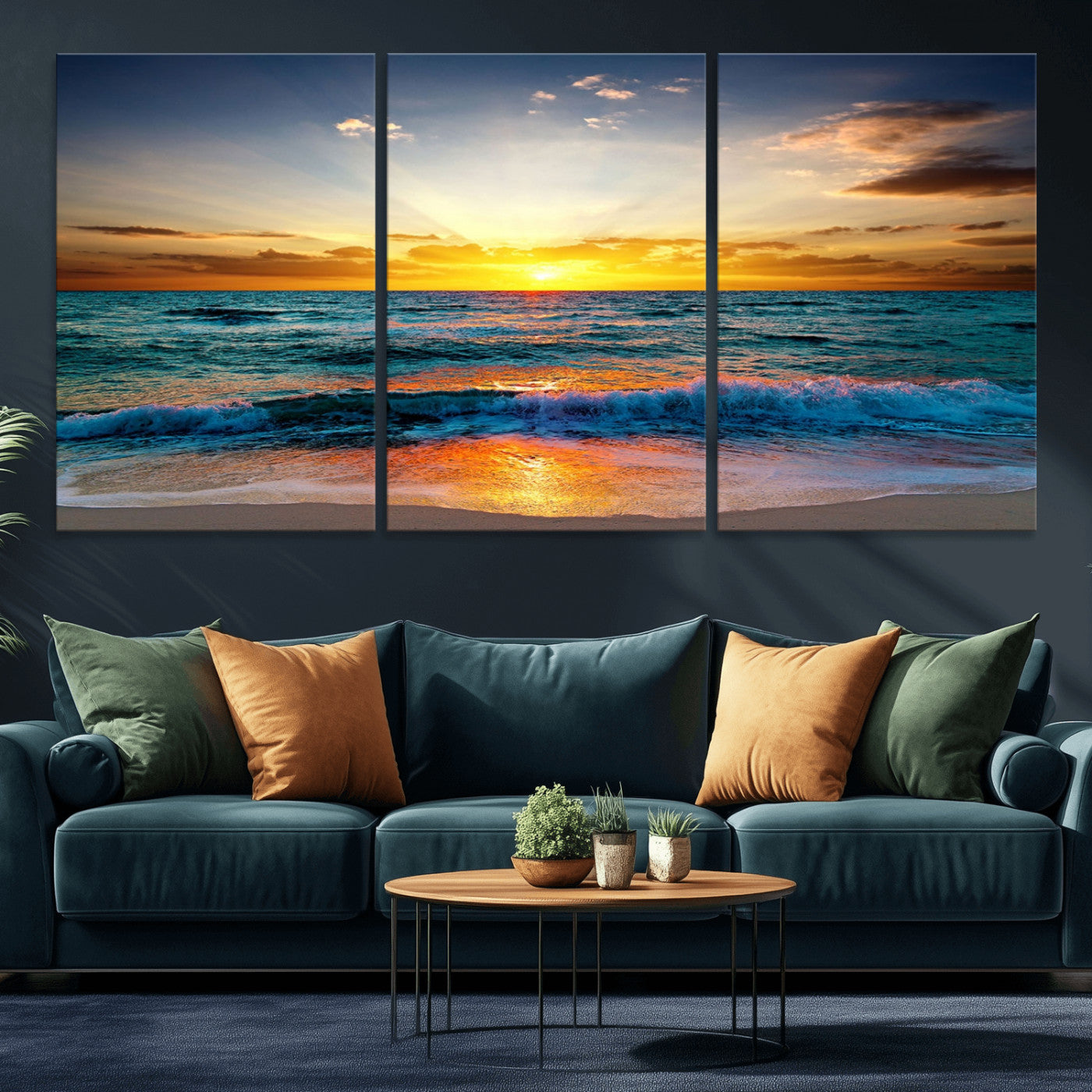 MGV-CV-60X30-3P - Vibrant Ocean Sunrise Over Golden Beach Waves, Giclee Canvas Wall Art Set, High-Quality Stretched Canvas Print, Ready to Hang Coastal Sunset Wall