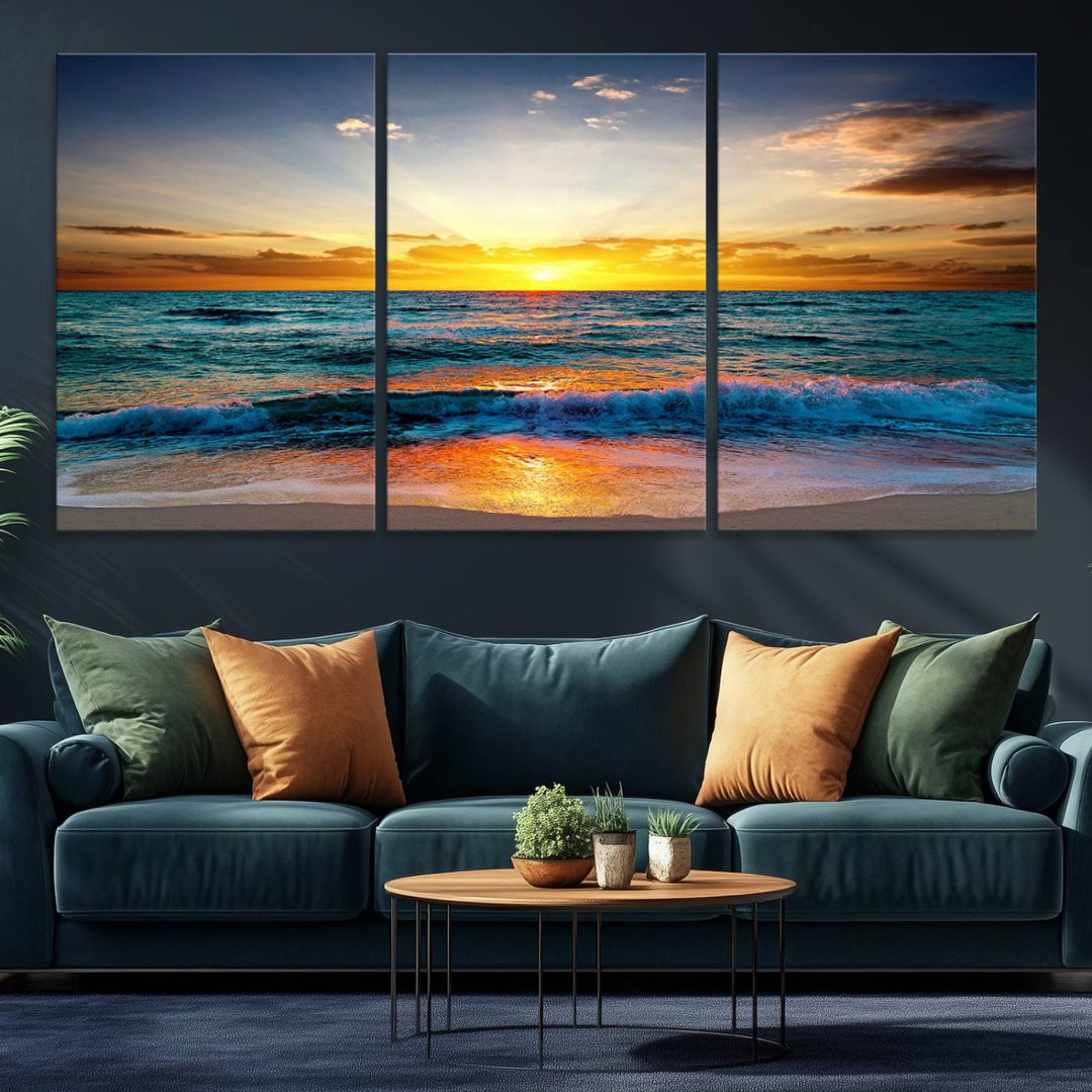 A kitchen dining area with coastal wall art.