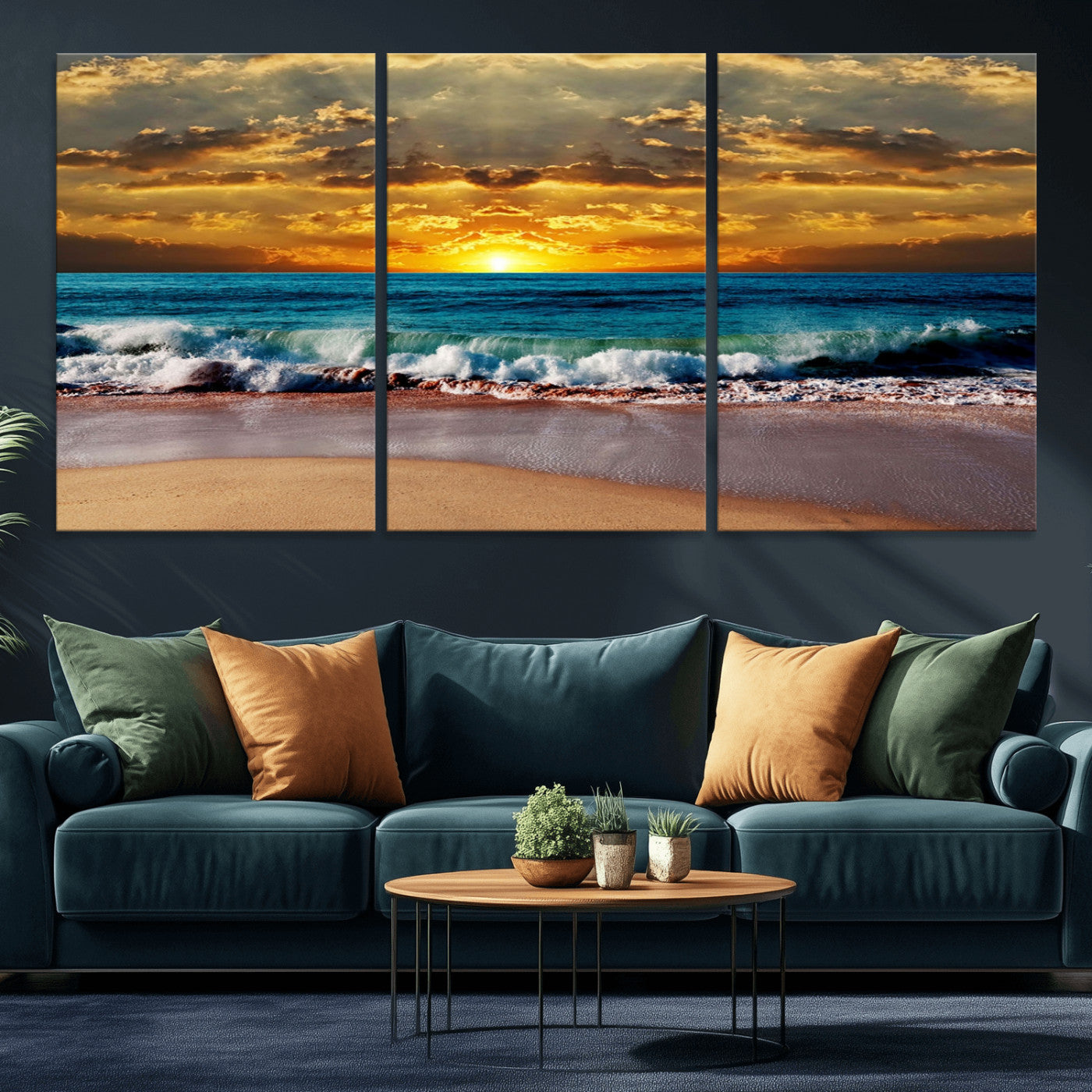 MGV-CV-60X30-3P - Ocean Sunrise Over Golden Beach Waves, Giclee Canvas Wall Art Set, High-Quality Stretched Canvas Print, Ready to Hang Coastal Sunset Wall Decor