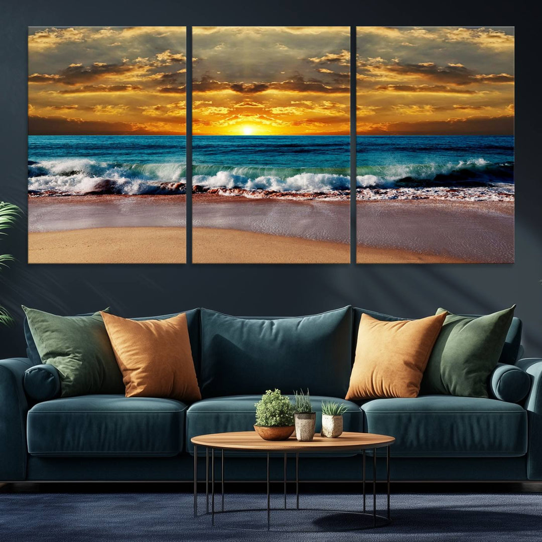 The Ocean Sunrise Over Golden Beach Waves wall art is prominently displayed, capturing the serene beauty of a beach at sunrise.