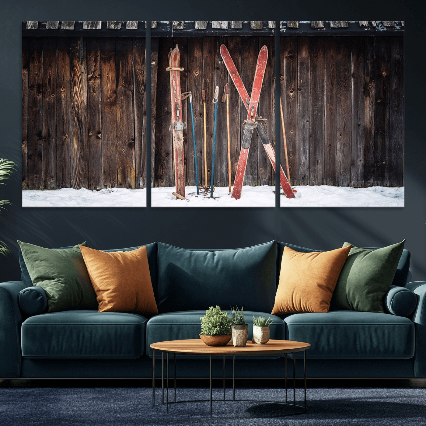 MGV-CV-60X30-3P - Vintage Ski Gear Against Wooden Cabin Wall, Rustic Winter Sports Equipment Canvas Print, Ready to Hang Wall Art, Perfect for Lodge or Ski Cabin Decor