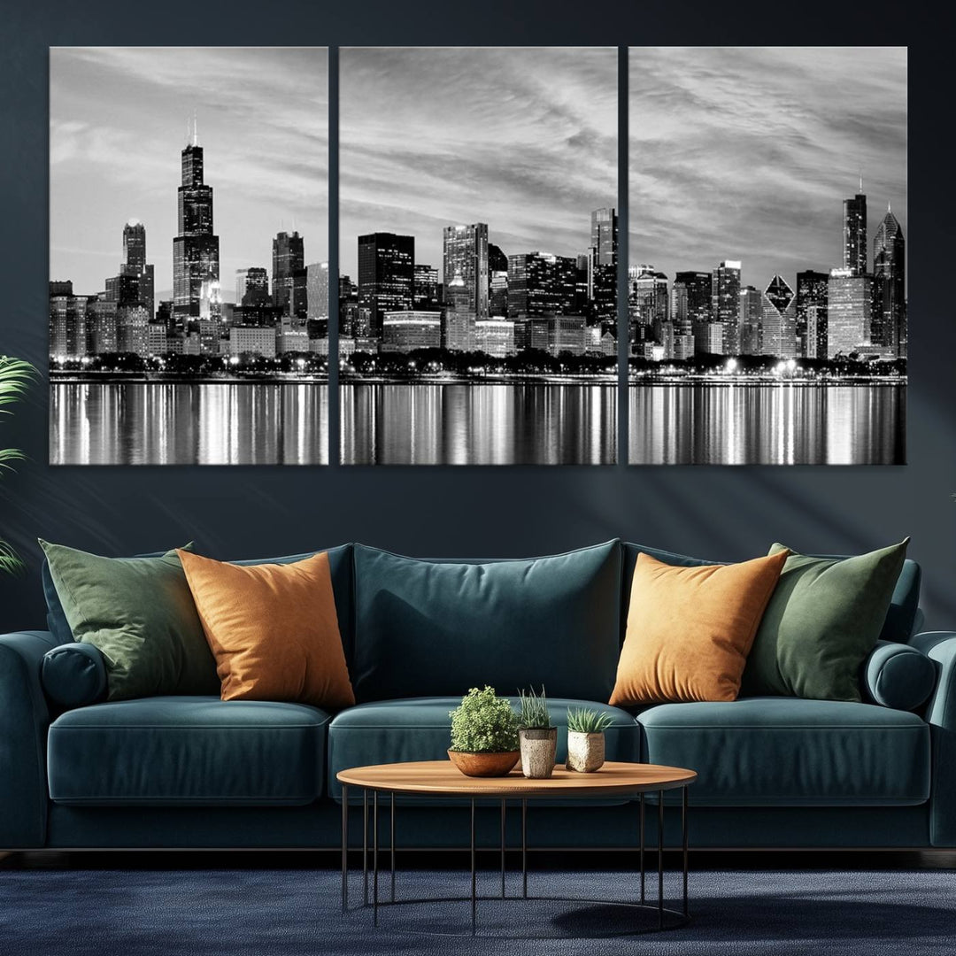 The Chicago City Cloudy Skyline Canvas Print hangs prominently.