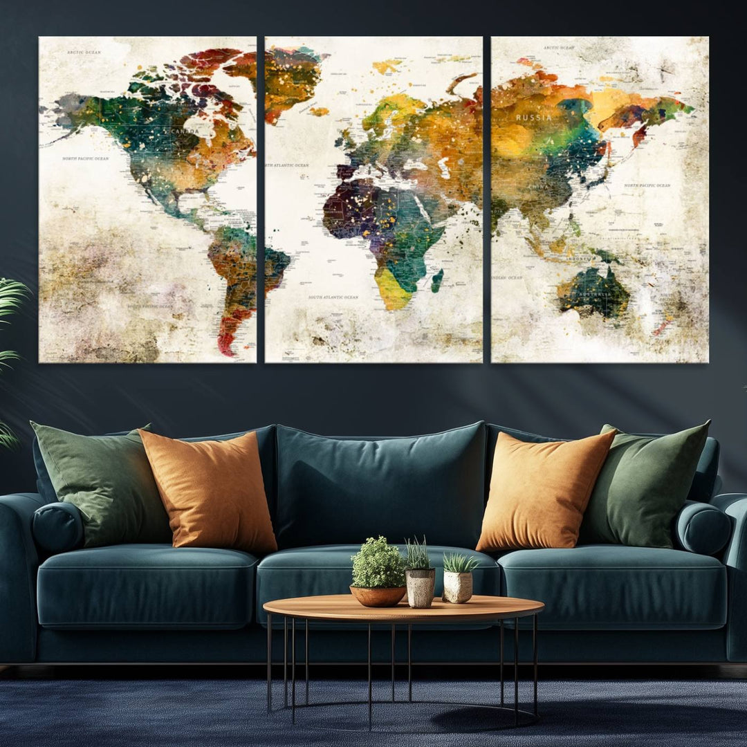 A 3-panel vintage world map canvas art is displayed.