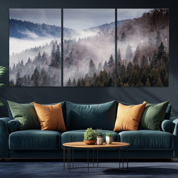 A museum-quality canvas of Beautiful Rising Fog in Winter Mountain Landscape hangs on the wall.