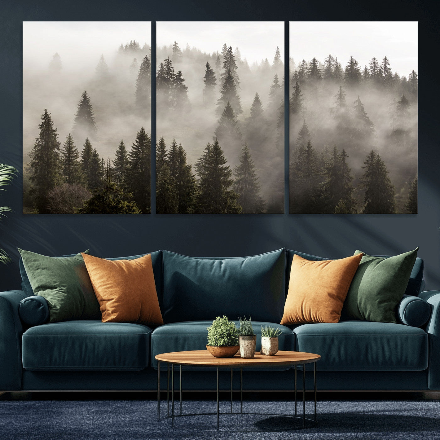 MGV-CV-60X30-3P - Foggy Mountain Wall Art | 3-Panel Foggy Forest and Mountain Landscape | Large Giclee Print for