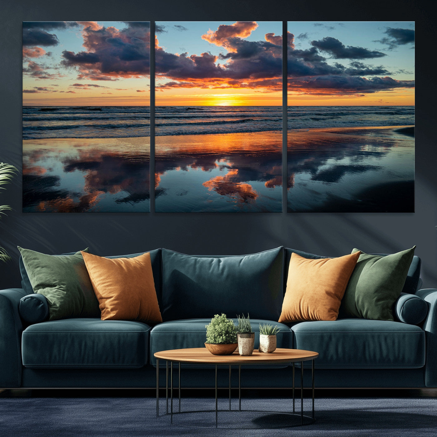 MGV-CV-60X30-3P - Beach Sunset Print - Stunning Ocean Canvas Artwork with Sunset Reflection Design for Elegant Home or