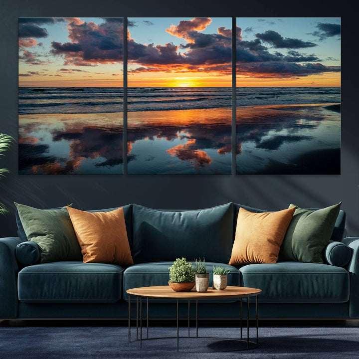 A Beach Sunset Print - Stunning Ocean Canvas Artwork adorns the wall.