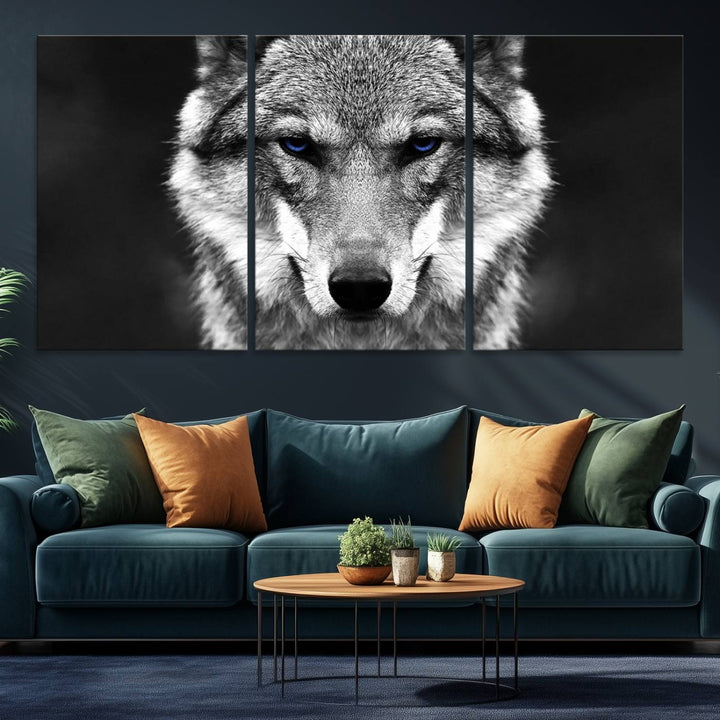 A ready-to-hang Black and White Wild Wolf Wall Art Canvas Print.