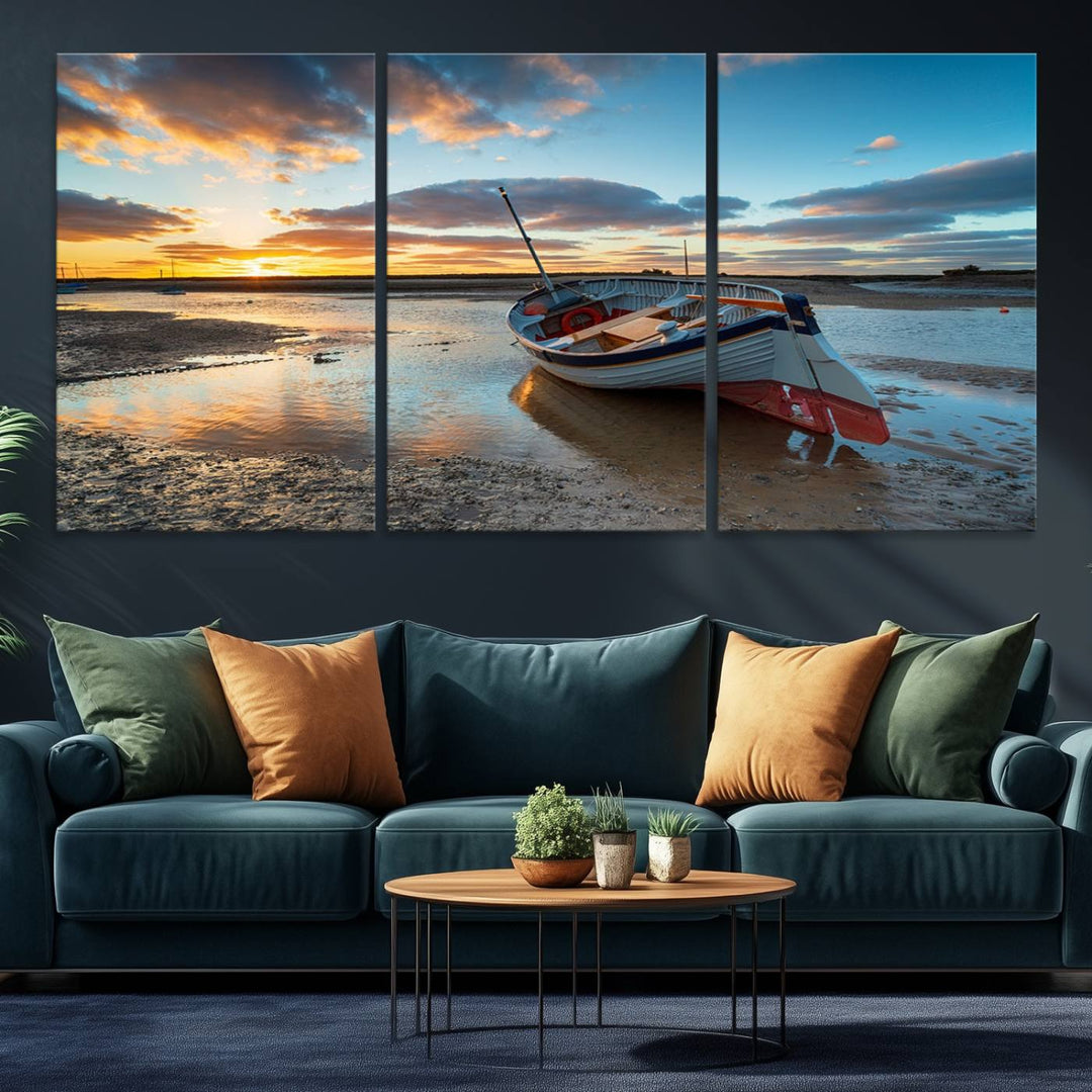 The Small Boat At The Beach Sunset wall art canvas print features UV coating, is museum-quality, and is ready to hang.