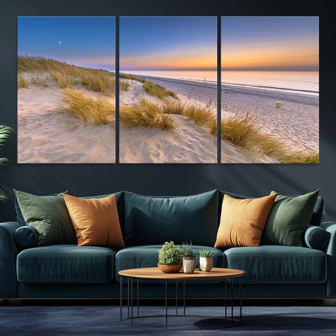 The cozy kitchen features the Sunrise On The Beach canvas art.