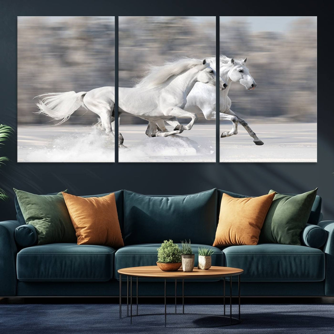 Museum-quality All The White Horses canvas print of two white horses in snow, ready to hang.