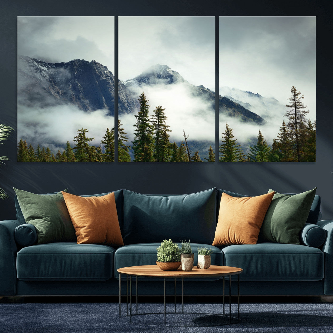 MGV-CV-60X30-3P - Mountain Mist Canvas Wall Art | 3-Panel Foggy Forest and Mountain Landscape | Large Giclee Print for Living Room, Office, or Cabin, Farmhouse Decor