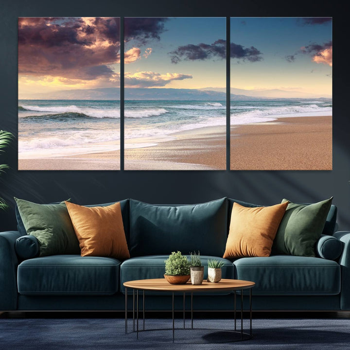 The dining area is enhanced with the Cloudy Weather Beach Sunset Canvas Print.