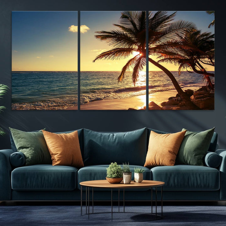 Sunset Palm Trees Wall Art Canvas Print: a serene beach scene on museum-quality canvas.