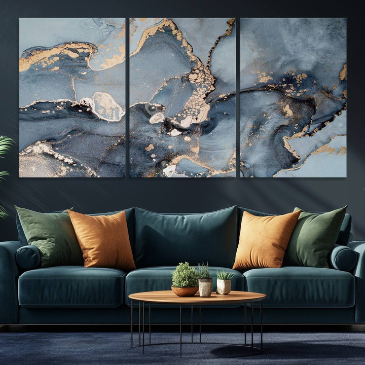 A Multipanel Marble Fluid Effect Canvas Print hangs prominently on the wall.