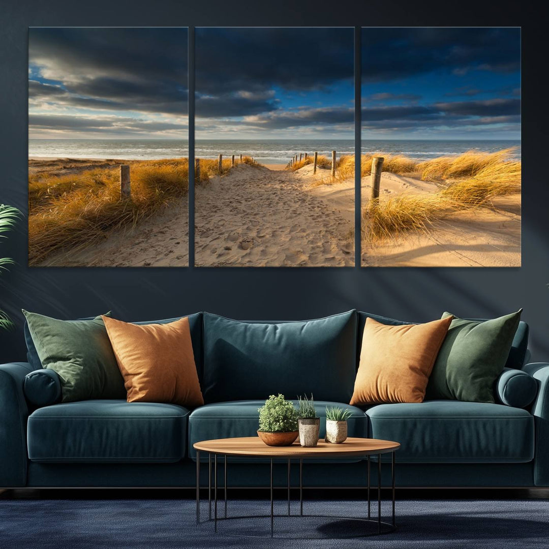 Museum-quality Ocean Beach Dark Clouds canvas print.