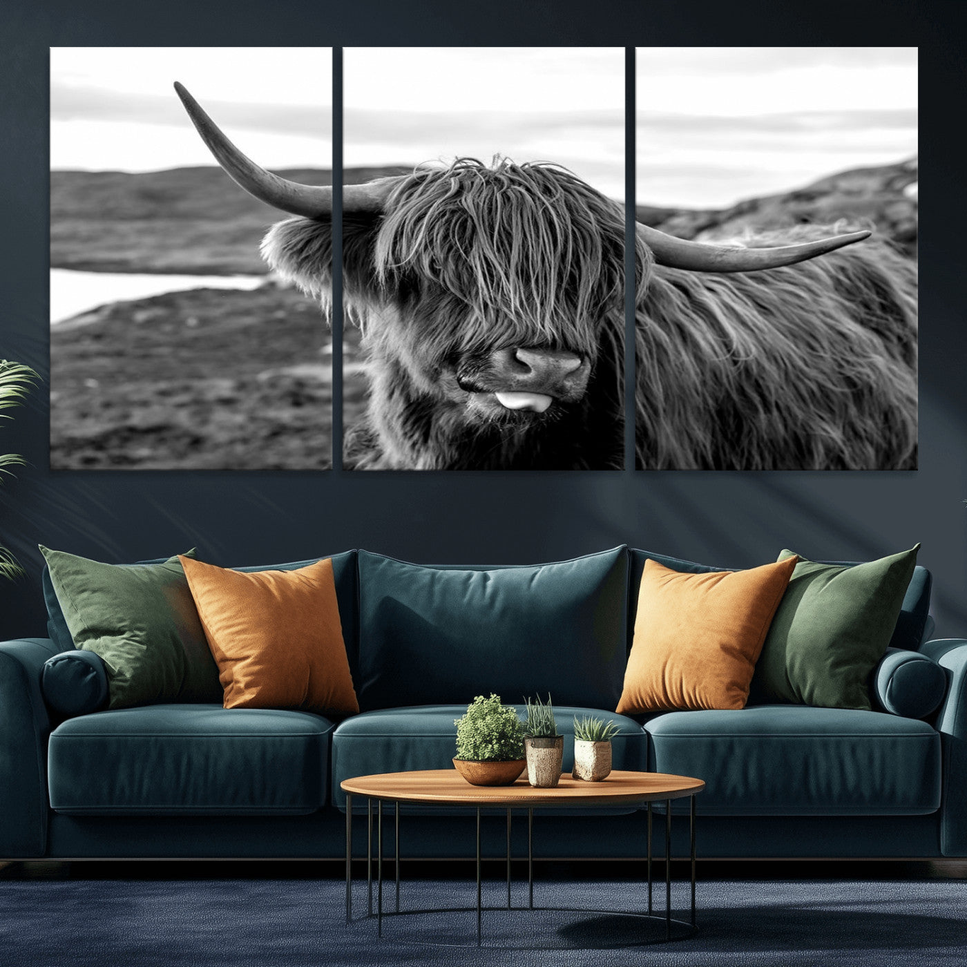 MGV-CV-60X30-3P - Highland Cow Canvas Wall Art – Black and White Animal Portrait – Framed and Ready to Hang Rustic Farmhouse Decor for Living Room or Office