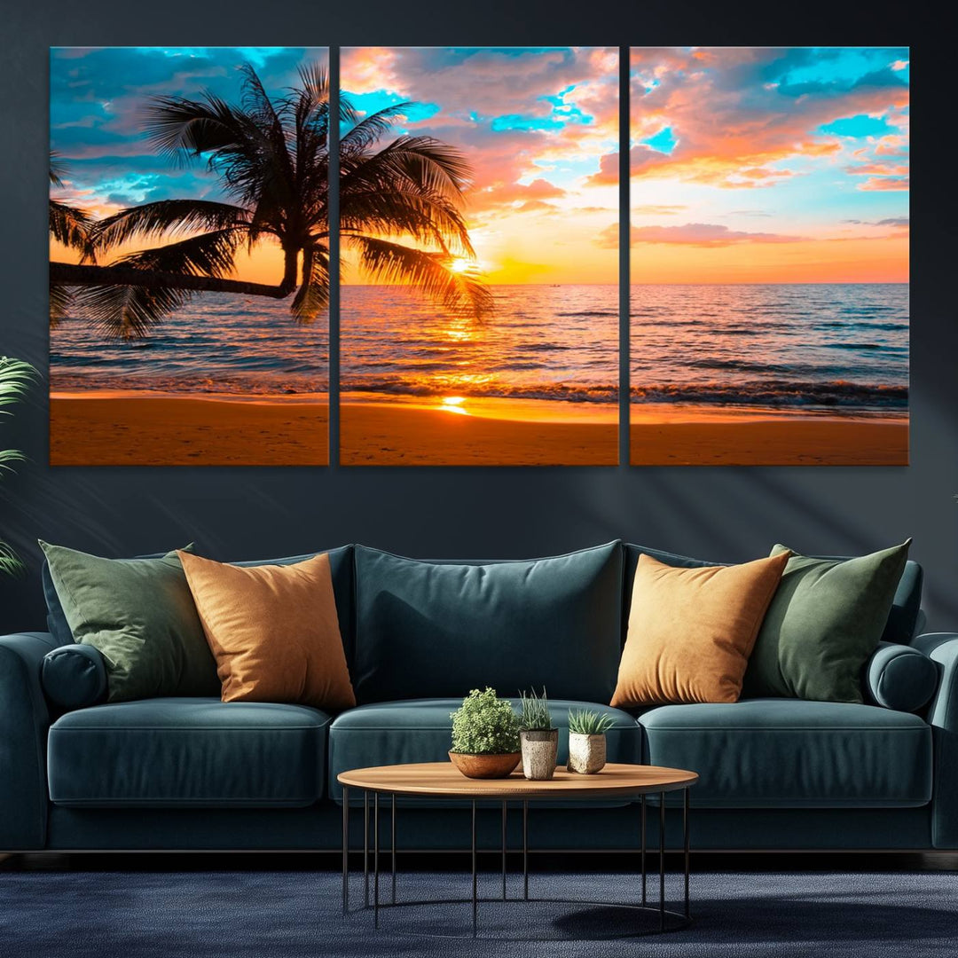 The Palm Tree Sunset On The Beach ready-to-hang canvas wall art—museum quality—brings a serene atmosphere to the room.