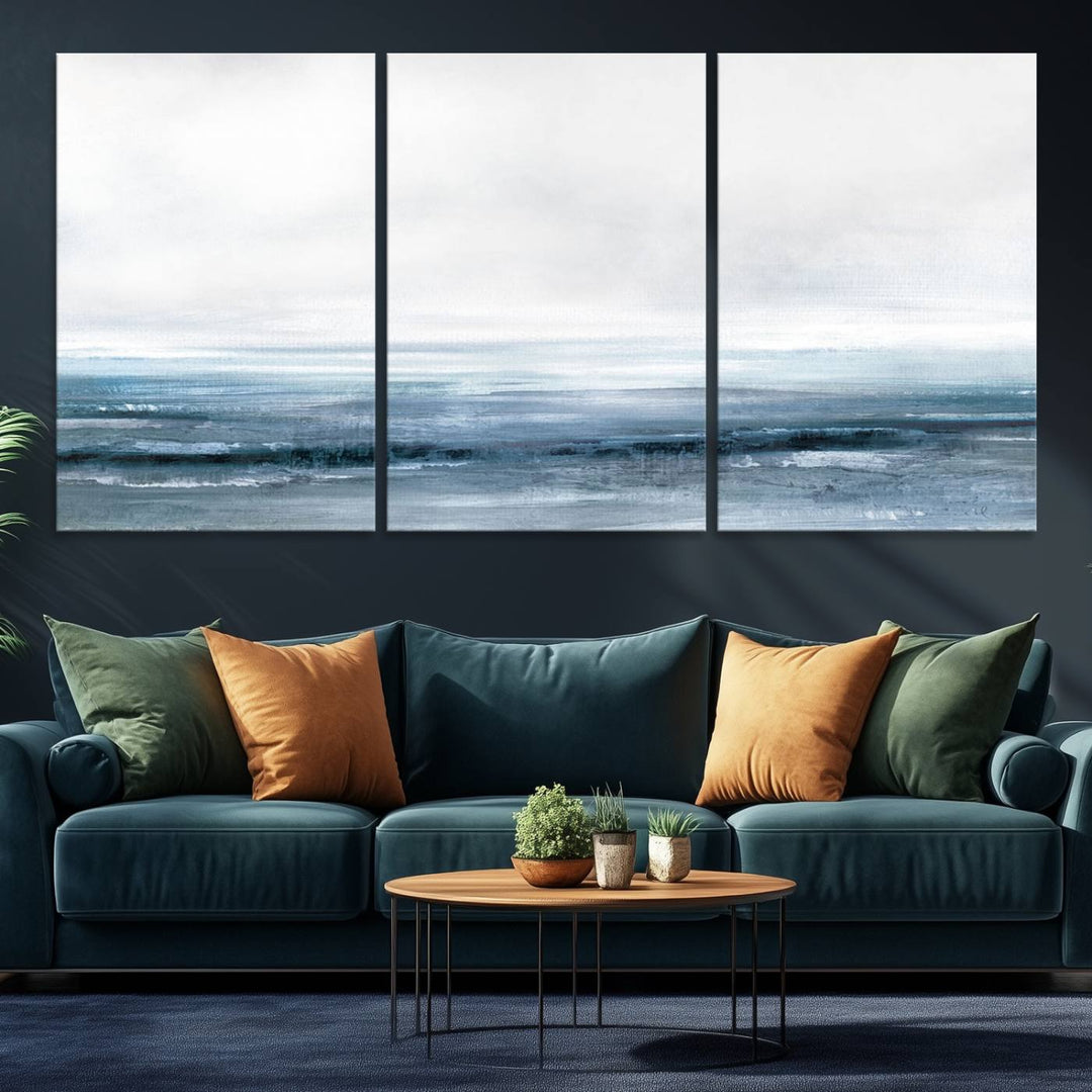 The dining area features Blue Ocean Abstract Artwork on canvas.