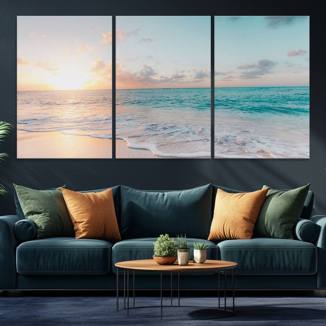 The room features a 3-panel Tranquil Ocean Beach Sunset Canvas Wall Art.