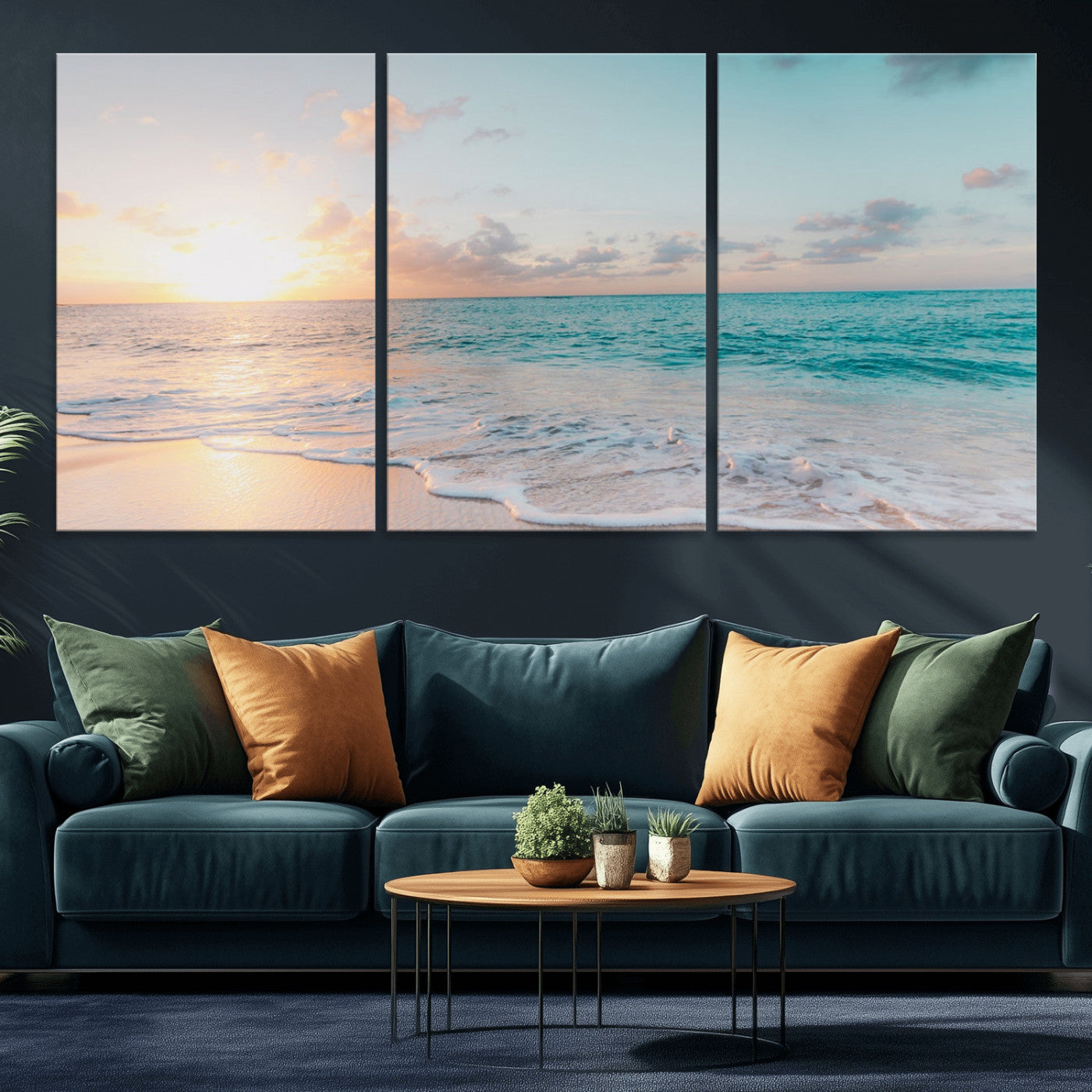 MGV-CV-60X30-3P - Tranquil Ocean Beach Sunset Canvas Wall Art | 3-Panel Coastal Decor