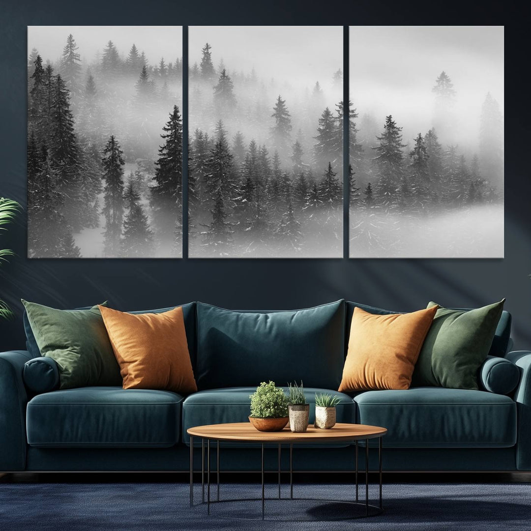 A stunning Foggy Misty Forest Canvas Wall Art adorns the kitchen wall.