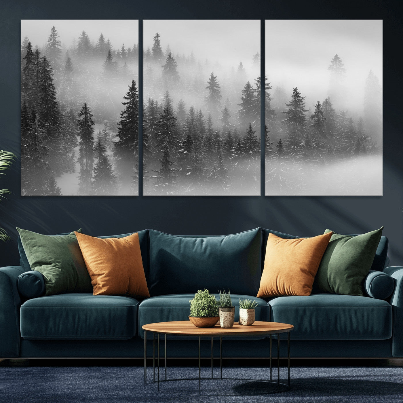 MGV-CV-60X30-3P - Black and White Forest Wall Art Print – Misty Pine Tree Canvas Print – Winter Woodland Nature Artwork – Perfect for Minimalist Home Decor