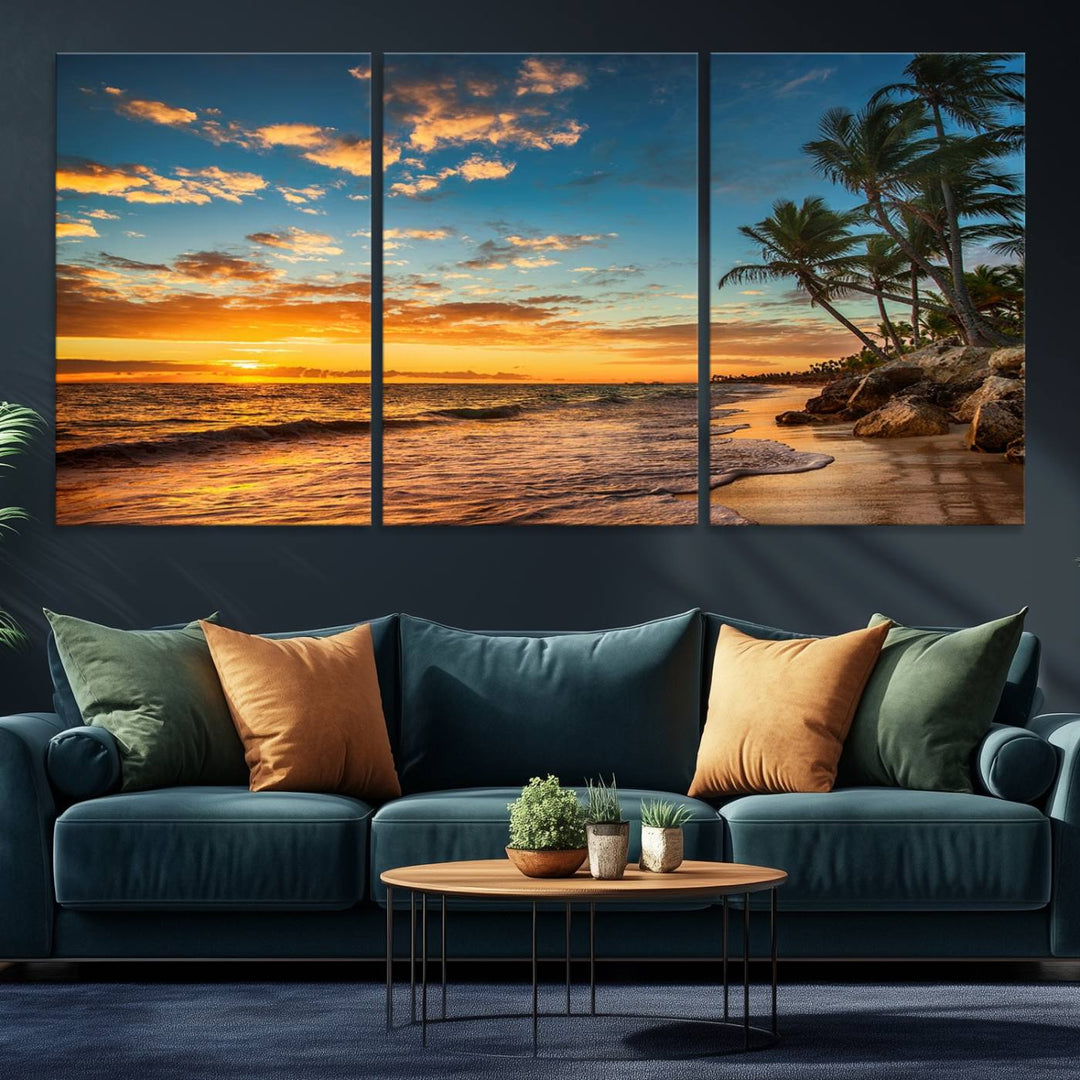 A stunning beach sunset on a museum-quality Sunset Wall Art Canvas Print adorns the kitchen wall.