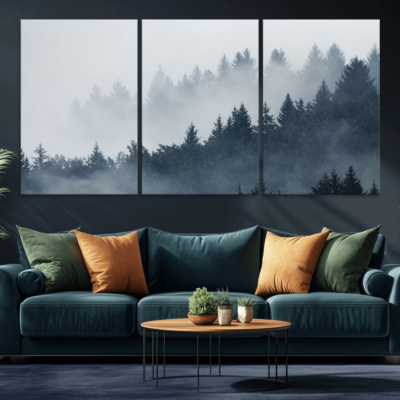 MGV-CV-60X30-3P - Misty Forest Wall Art Print – Foggy Pine Tree Canvas Print – Dark Woodland Nature Artwork – Perfect for Minimalist and Modern Home Decor