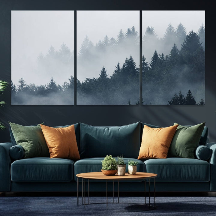 A large Foggy Pine Forest Wall Art Canvas Print.