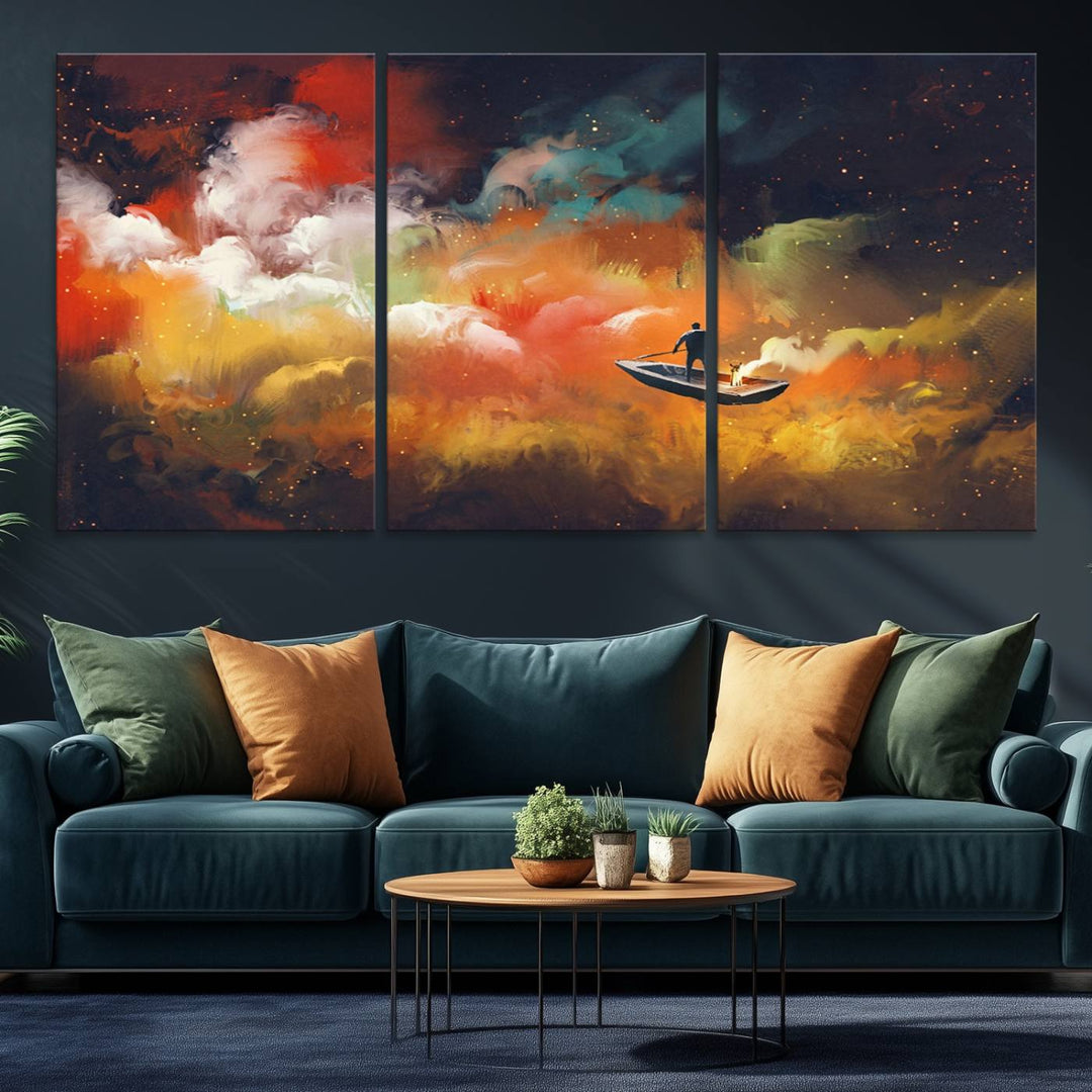 Surreal Space Adventure Canvas Wall Art features a person in a boat.