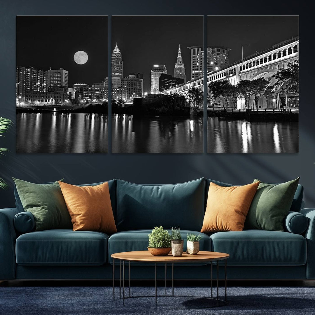 Cleveland Night Skyline Canvas Print: A museum-quality piece, ready to hang, featuring a stunning full moon and its reflections below.