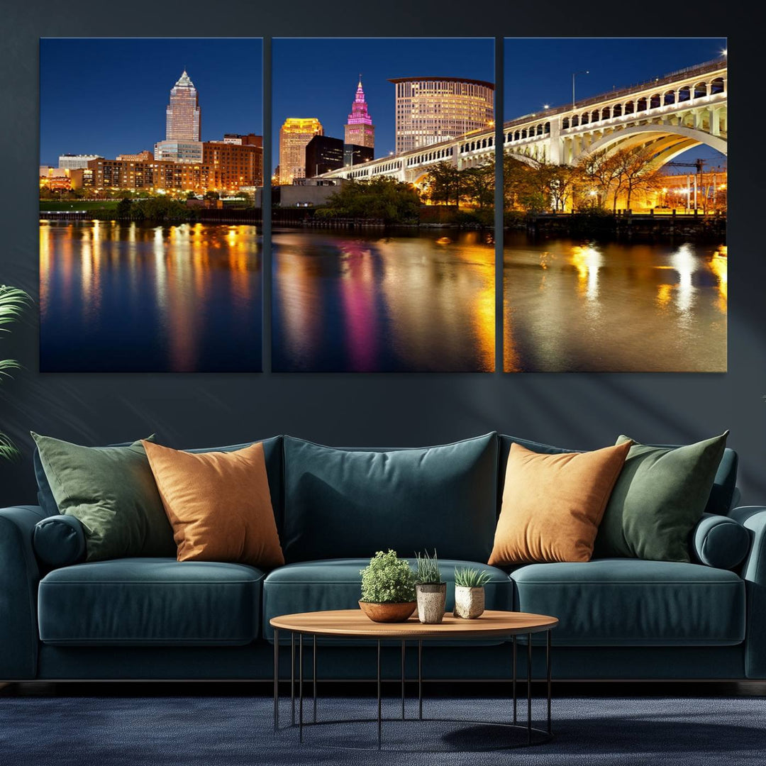 Cleveland Night Skyline Canvas: Cityscape with an illuminated bridge reflecting on calm water.