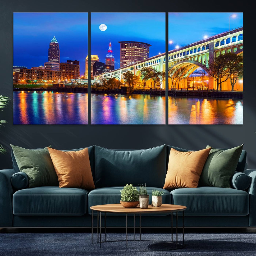 A Cleveland Night Skyline Wall Art on museum-quality canvas showcases a bridge and illuminated buildings.