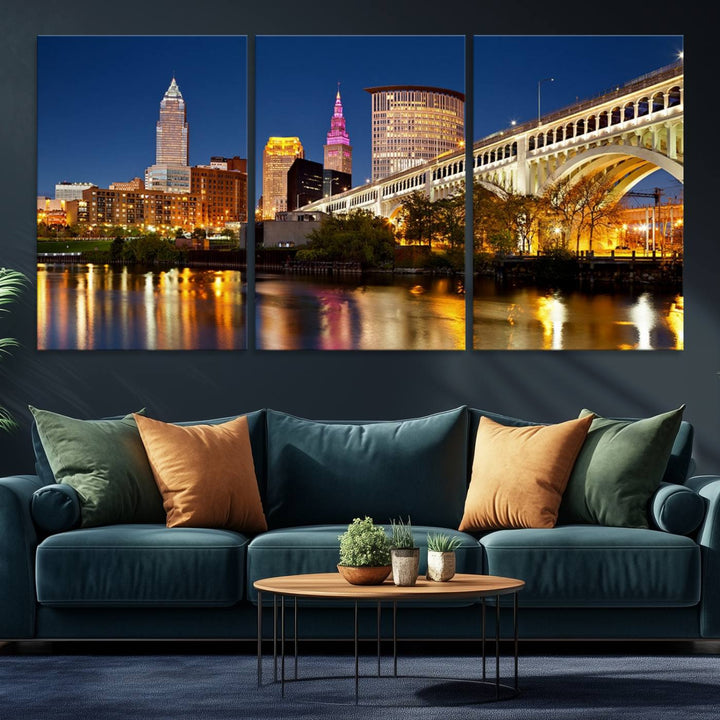 The Cleveland City Lights Canvas showcases a lit-up bridge and cityscape at night.