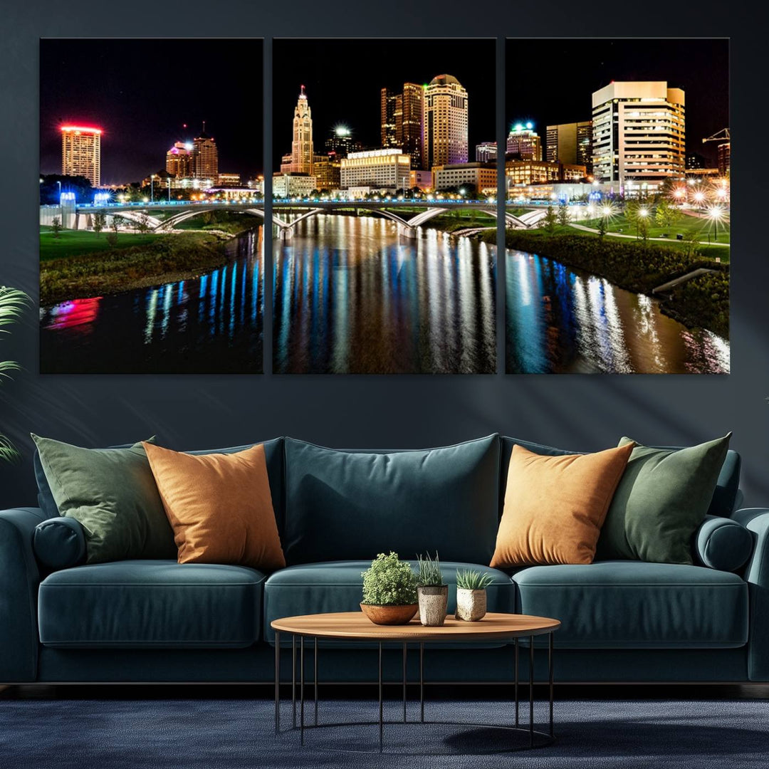 The Columbus City Lights Night Skyline Wall Art Canvas Print adorns the wall.