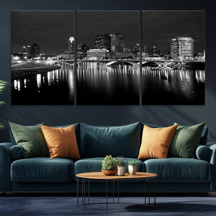 Columbus City Lights Skyline canvas print in black and white, featuring museum-quality craftsmanship and free shipping.