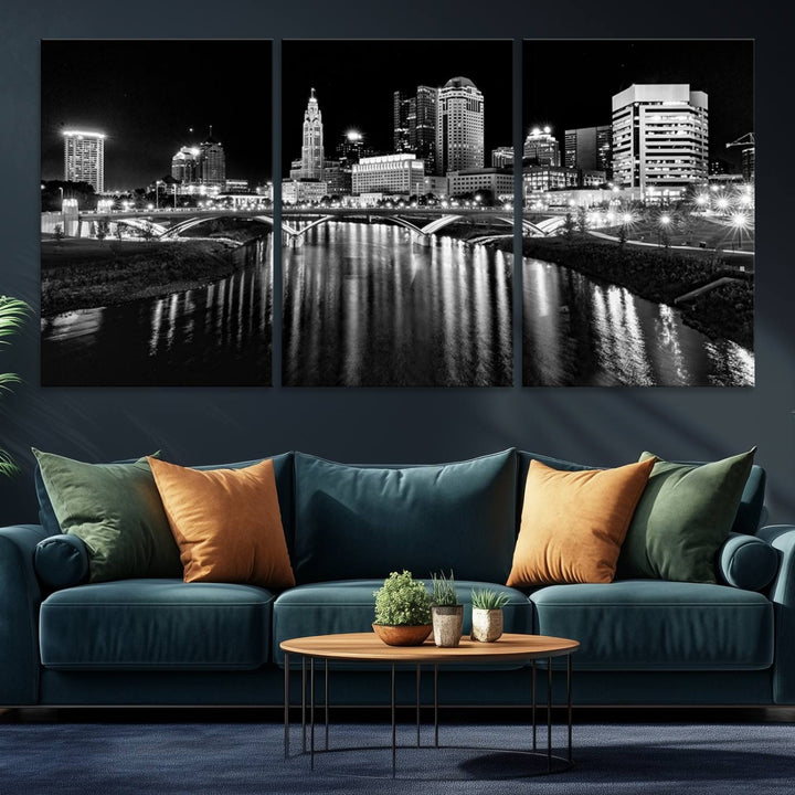 Columbus City Lights Skyline Black and White Canvas with UV coating.